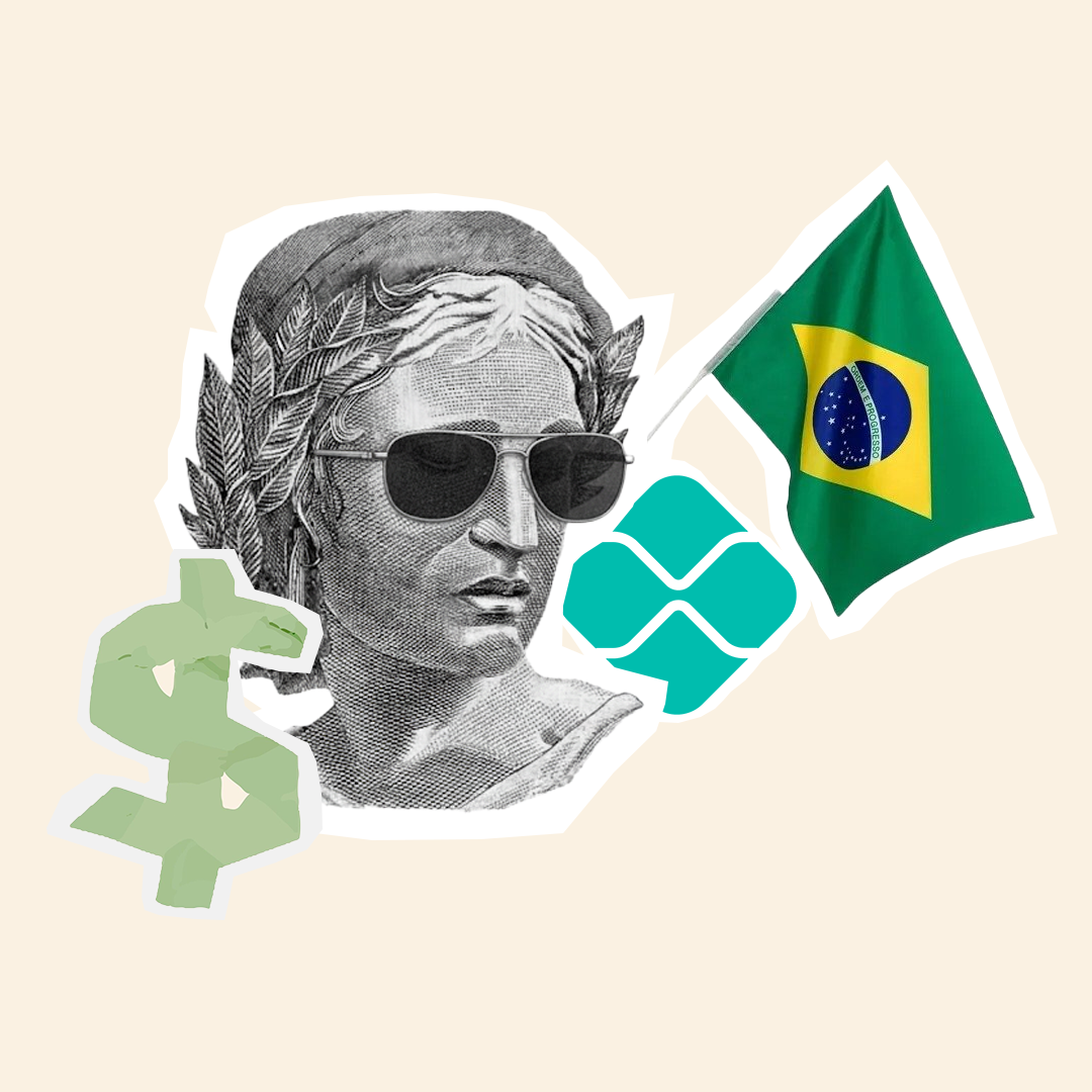 Colagem com efígie da República, símbolo do PIX, bandeira do Brasil e cifrão